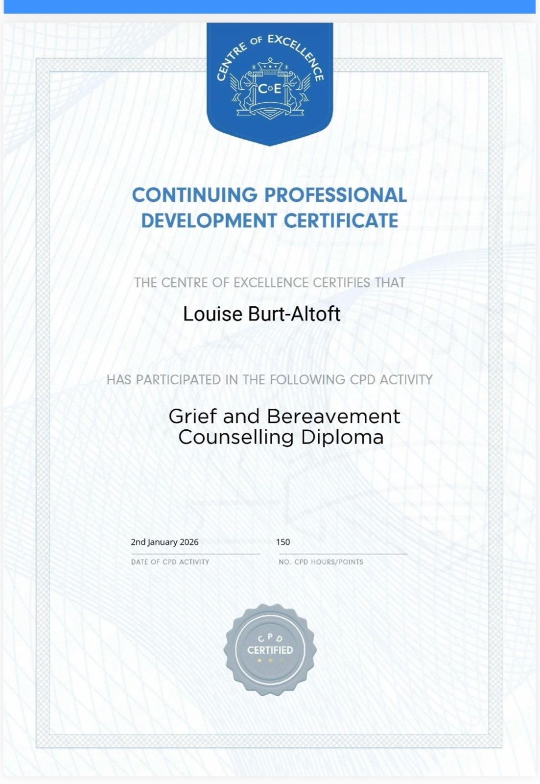 Certificate: Continuing Professional Development (Grief and Bereavement Counselling Diploma)